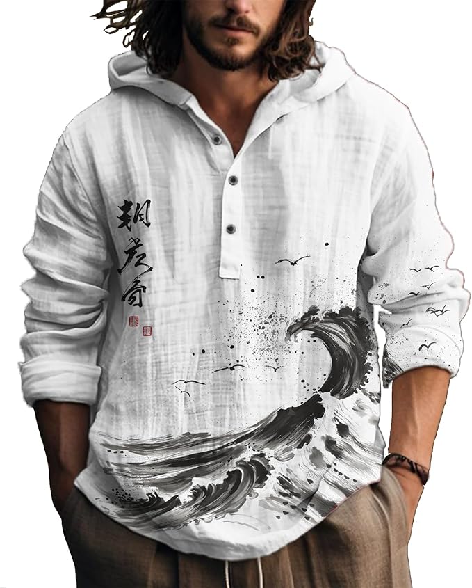 MARSVOVO Hooded Long Sleeve Shirt Men Fashion Graphic Button Up Lightweight Big and Tall Casual Vacation Shirts for Men