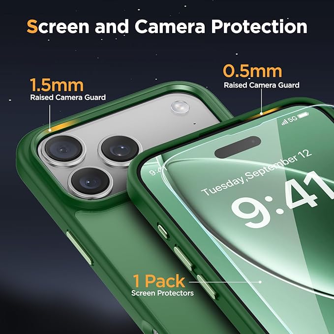 Miracase Magnetic for iPhone 17 Pro Case 6.3" with Screen Protector, [Compatible with MagSafe] Military-Grade Protection, Anti-Fingerprint, Slim Thin Phone Case for 17 Pro Cover, Dark Green