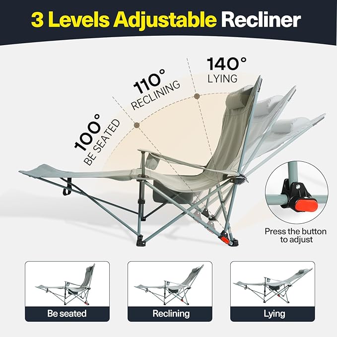 2-in-1 Reclining Camping Chair, Portable Folding Beach Lounge Chair with Footrest & Adjustable Backrest, Comfortable Lawn Chair for Adults Heavy Duty with Cup Holder for Outdoor Poolside Sports