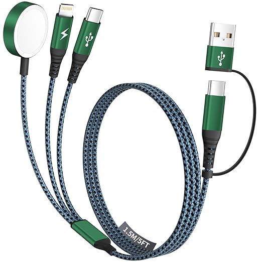 Travel Gifts for Women, Multi Charging Cable for Apple Watch Charger, 3 in 2 Charging Cable for Multiple Devices, USB A&C/Watch Charger/Type-C/L Cord Compatible with iWatch/iPhone 17-11/Car, 5FT
