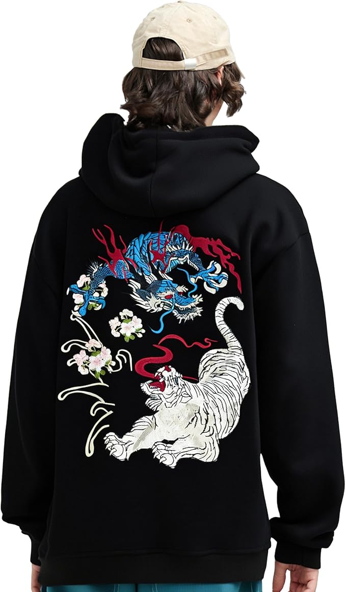 Streetwear Men's Dragon Embroidered Heavyweight Graphic Hoodies Japanese Techwear baggy Anime Hoodie