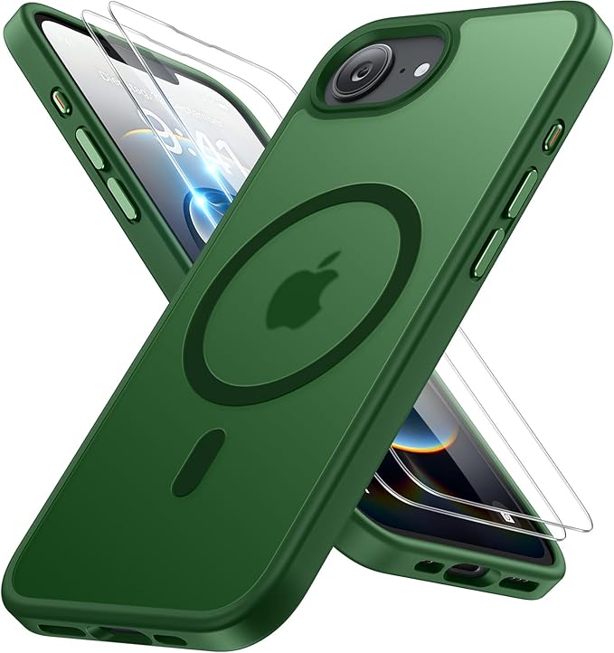 Miracase for iPhone 16e Case for MagSafe [with 2×9H+ Screen Protectors] TOP Military-Grade Protection Shockproof Scratch-Resistant with Velvet Touch for iPhone 16e Phone Case 6.1" Matte Dark Green