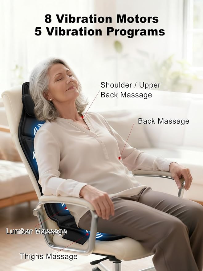 Back Massager for Chair with Heat, Massage Chair Pad with Lumbar Support & Vibration, Seat Massager for Seniors, Office Workers & Family, Fatigue & Pain Relief in Office, Home & Travel