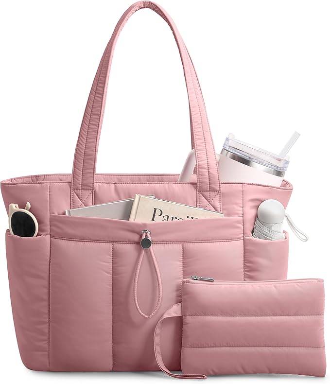 TOPDesign Puffy Tote Bag for Women with Cup Holder & Laptop Compartment & Cosmetic Bag & Trolley Sleeve for Work, Travel