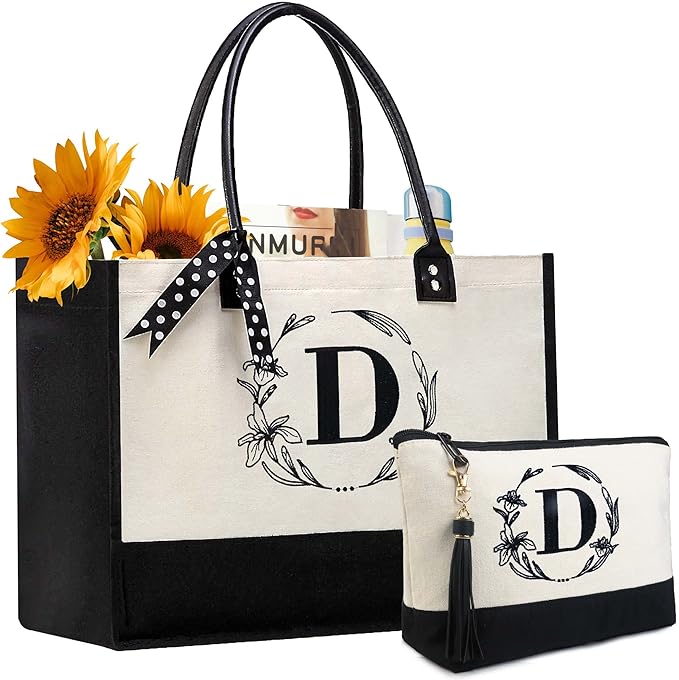 BeeGreen Personalized Gift for Women Initial Monogram Tote Bag for Christmas Gifts Mother Friends with Inner Zipper Pocket & Leather Handles Letter D
