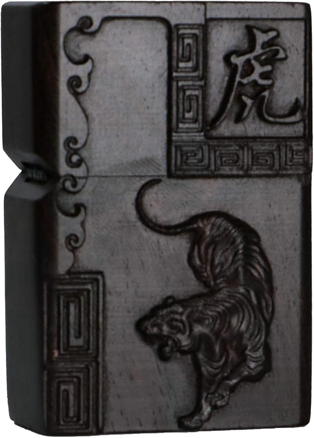 Natural Ebony Black Wood Carved Lighter Shell Box For Zippo Module (Zodiac Tiger)