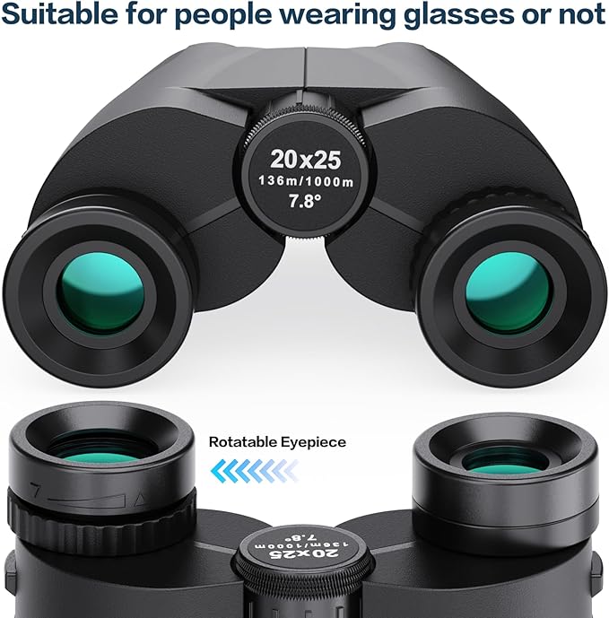 Binoculars for Adults and Kids, 20x25 Compact High Power Binoculars with Low Light Vision for Bird Watching, Large Eyepiece Waterproof Outdoor Hunting, Travel, Sightseeing