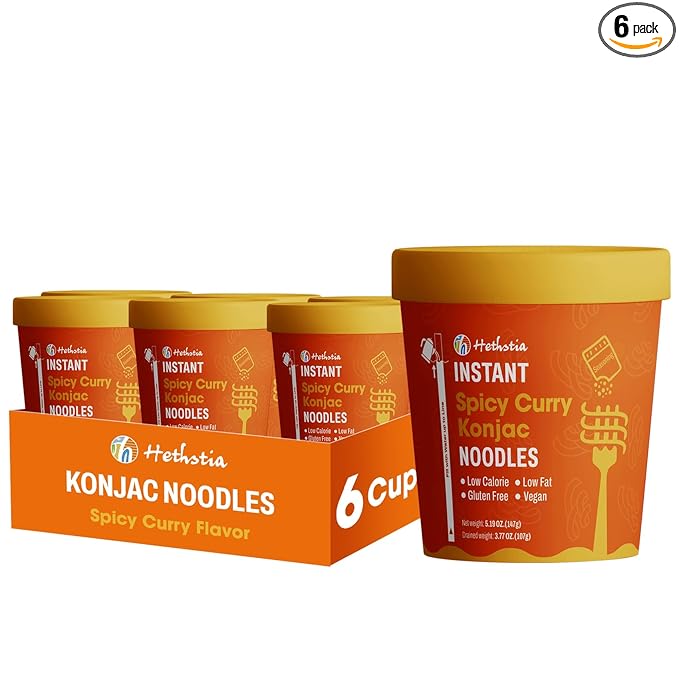 Hethstia Konjac Noodle Soup, 6-Pack Instant Shirataki Noodle Spicy Curry Cups – Low Carb, Vegan, Keto, Gluten-Free, Ready-to-Eat Asian Pho, Low-Calorie Quick Meal, 34.32oz