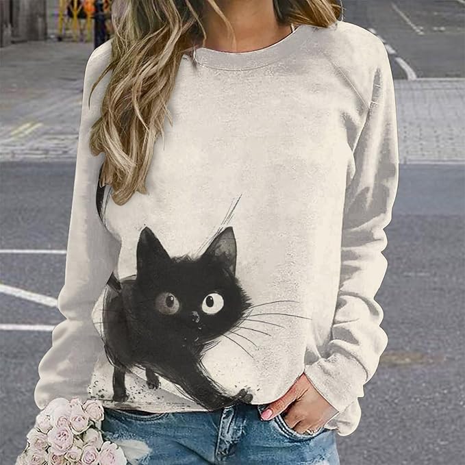 Long Sleeve Shirts for Women Cat Printed Fall Winter Dressy Holiday Casual Fashion Crewneck Tunic Tee Shirts