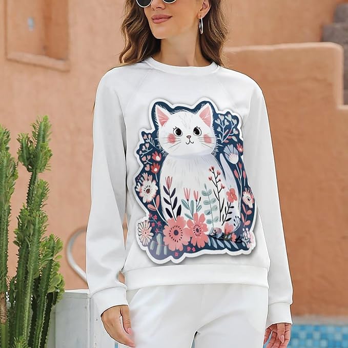 Sweatshirt for Women Cat Print Fashion Funny Plus Size Ladies Dressy Crewneck Casual Trendy Tee Shirts