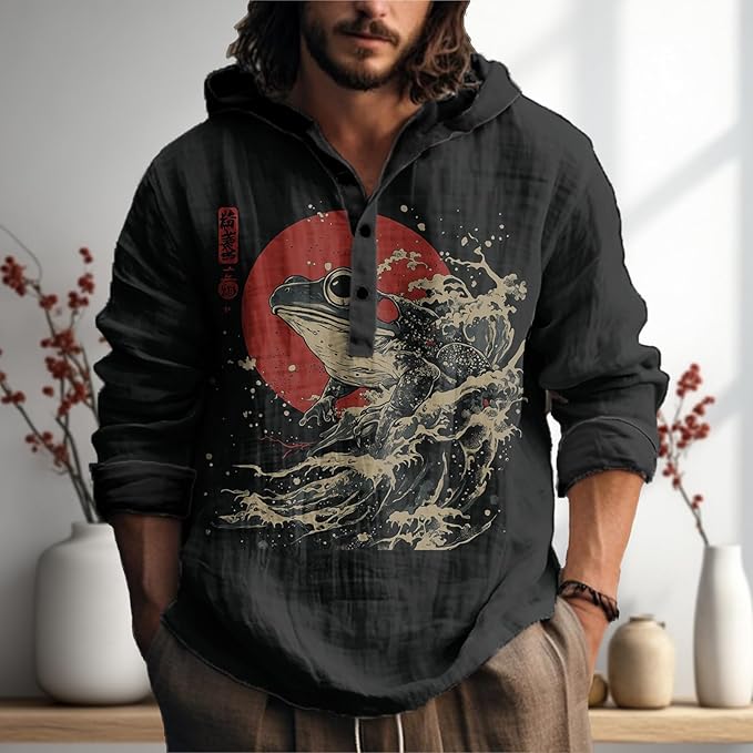 MARSVOVO Mens Japanese Art Long Sleeve Hooded Shirts Lightweight Quarter Button Hoodie Casual Cool Tops for Spring Fall