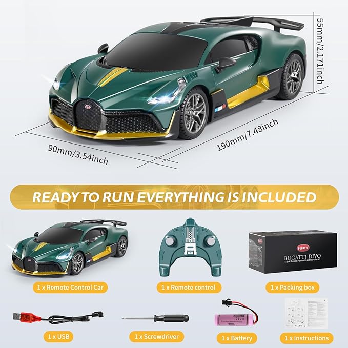 MIEBELY Remote Control Car - 1/24 Scale Fast Rc Race Car, Bugatti Divo 3.7V 500 mAh Toys with Headlight, Racing Hobby Model Birthday Ideal Gifts for Adults Kids Boys Age 6 7 8 9 Year Old