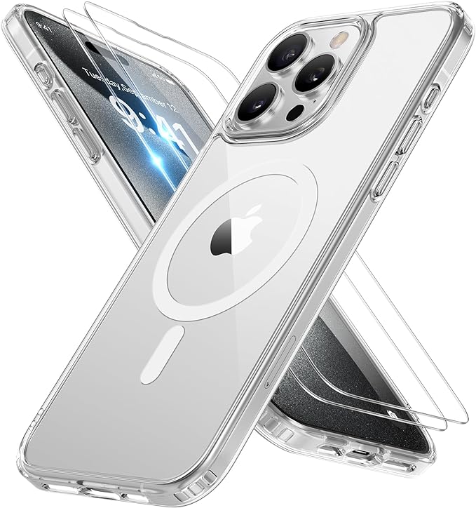 Miracase Magnetic for iPhone 15 Pro Max Case 6.7 inch (Compatible with MagSafe)（with 2X Screen Protectors） Military-Grade Protection, Anti-Fingerprint Translucent Matte Phone Cover, Clear