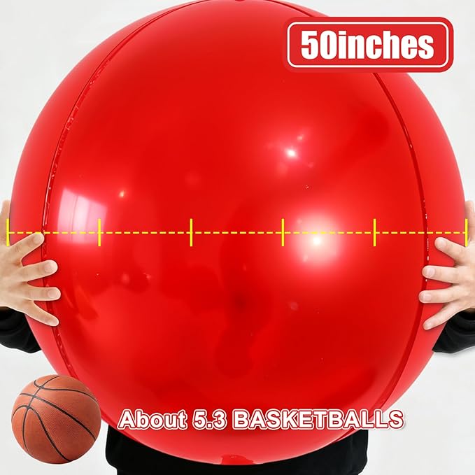50 Inch Giant Red Round Foil Balloons, 3Pcs Metallic Red 4D Ball Balloons for Birthday New Year Eve Wedding Engagement Graduation Anniversary Party Decorations 2026