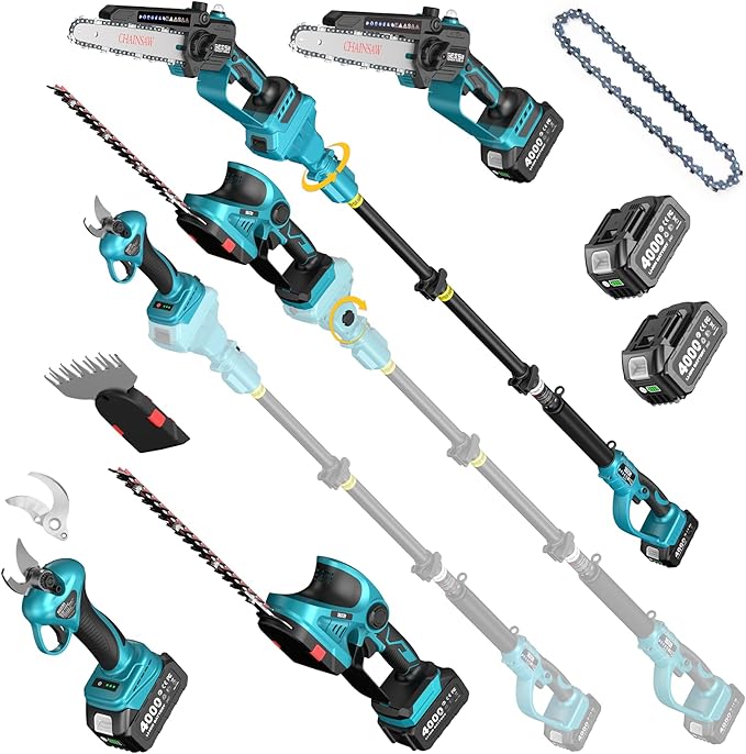 SEESII Cordless Pole Chainsaw, Hedge Trimmer, Pruning Shears, 4000mAh Battery Powered Extendable Garden Tool Kit for Outdoor Use, Electric Long Reach Saw, Hedge and Grass Trimmer, Pruner for Yard Care