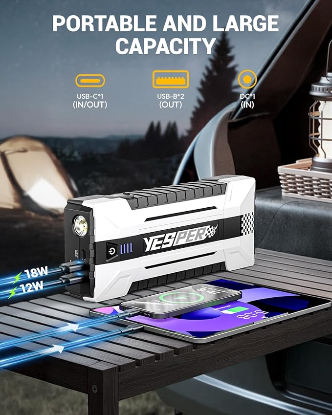 YESPER 4120A Jump Starter, 12V Car Battery Jumper Starter Portable (All Gas, up to 10.0L Diesel Engine), 26800mAh Battery Start Booster Pack, Jump Box with Carry Case, Jumper Cables, LED Light