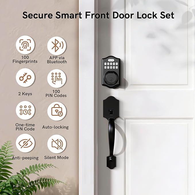 APP Fingerprint Door Lock Set, Keyless Entry Door Lock, Front Handle Set, Electronic Keypad Deadbolt with 2 Keys, Auto-Locking, One-time Codes, Easy to Install (Black, APP Control)