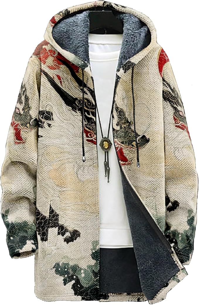 Mens Hooded Cardigan Japanese Art Zip Up Long Sleeve Sweater Hoodie Dragon Print Coat with Pockets