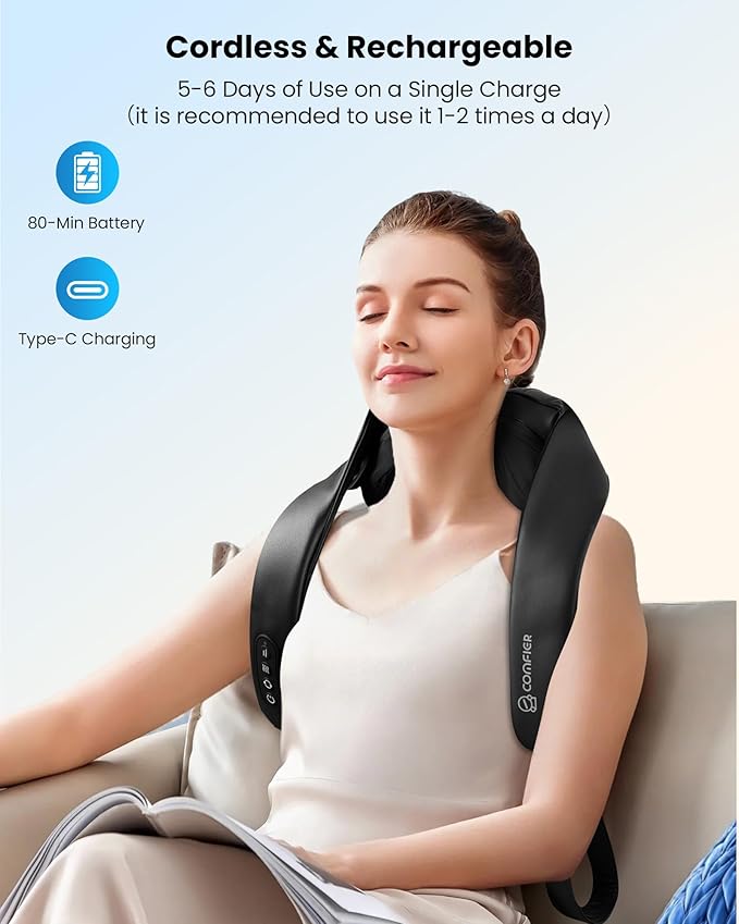 COMFIER Shiatsu Neck Massager with Heat, Cordless Neck and Shoulder Massager for Pain Relief Deep Tissue, Graphene Heating, 4D Kneading Massage Pillow, Gifts for Men/Women -Black