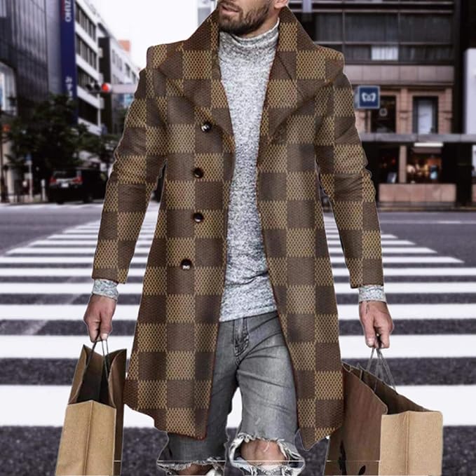 Men's Plaid Long Trench Coat Mid - Length Lapel Collar Button Down Warm Overcoat for Winter & Autumn Fashion