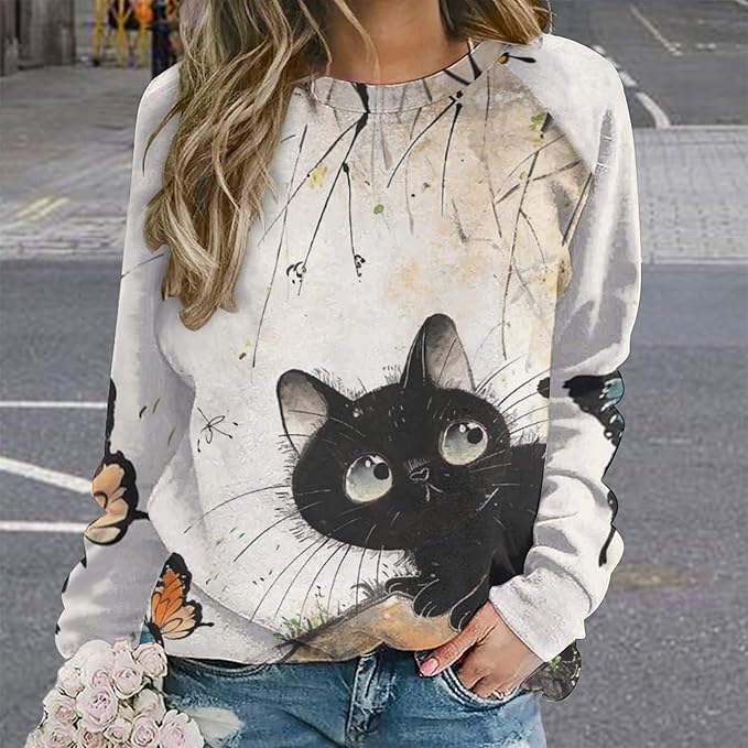 Long Sleeve Shirts for Women Cat Printed Fall Winter Dressy Holiday Casual Fashion Crewneck Tunic Tee Shirts