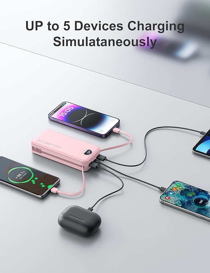 20000mAh Ultra-Portable-Charger-Power-Bank PD20W with Built in Cables&AC Wall Plug,Fast Charging Cell Phone Charger Battery Pack,LED Display Travel Battery Bank for All iPhone,Samsung,Android