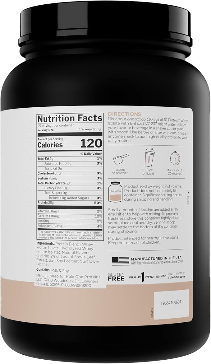 Rule 1 Naturally Flavored R1 Protein Whey Isolate - Clean Formula with 25g Protein & 6g BCAA Exclusively Isolated & Hydrolyzed Sources for Workout Recovery (1.7 Pounds*, Pure Vanilla)