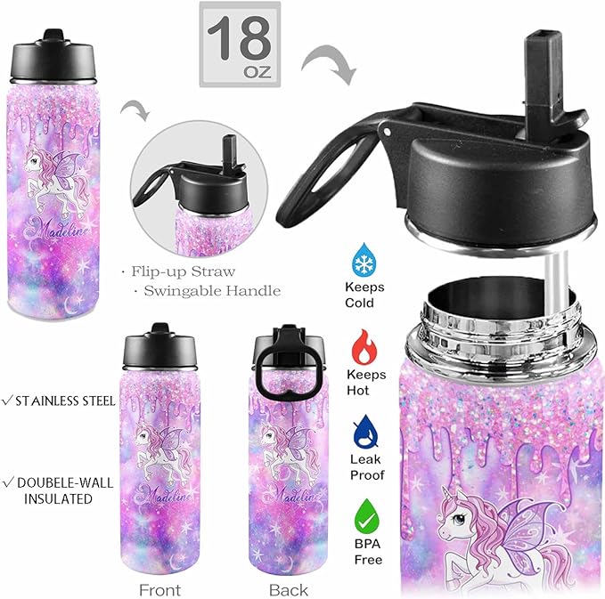 VIPOPSA Customized Water Bottles For Girls 18oz Personalized Water Bottle With Straw Lid Gifts For Girls Boys School Sports Bottles