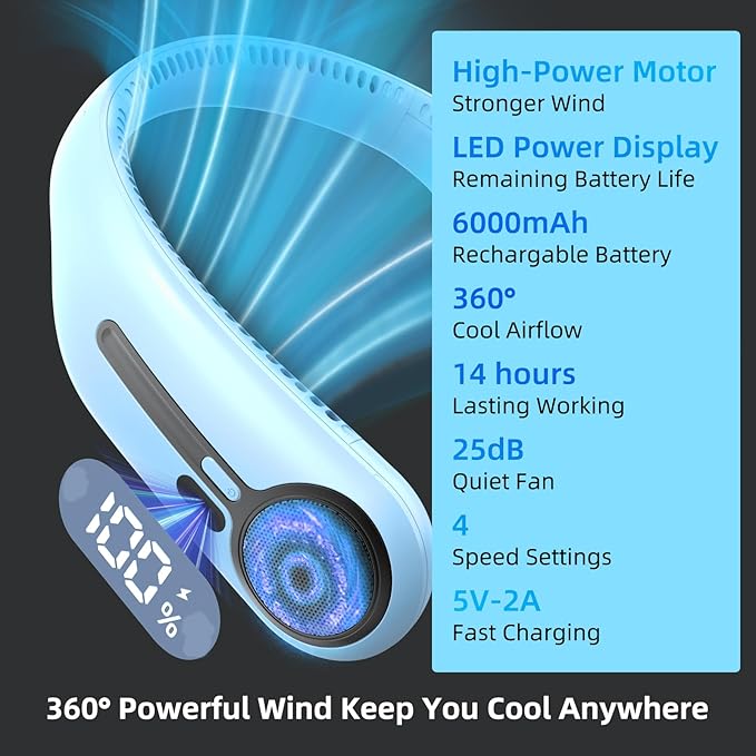 Portable Neck Fan,Hands Free Personal Wearable Bladeless Fan,6000mAh USB Rechargeable,360° Cooling,LED Display,4-Speeds,Birthday Gifts for Men Women Dad Mom,Christmas Gifts (Light blue)