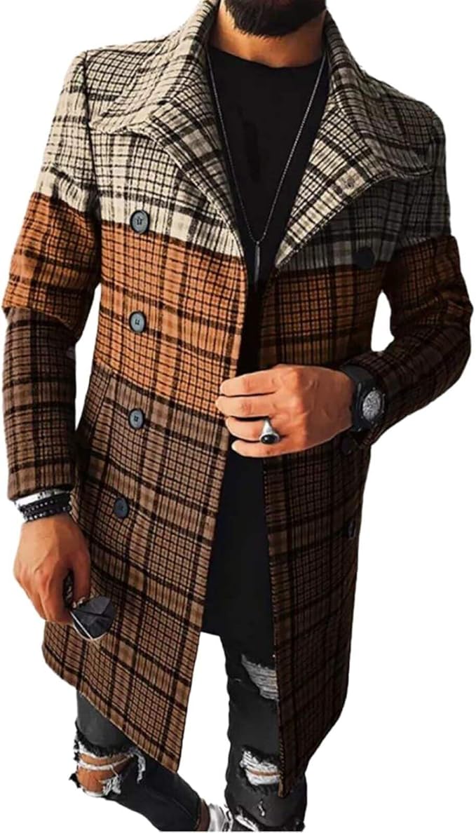 Men's Plaid Long Trench Coat Mid - Length Lapel Collar Button Down Warm Overcoat for Winter & Autumn Fashion