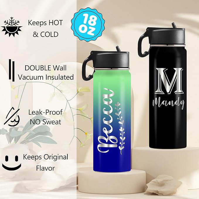 Personalized Water Bottle with Straw,Custom Insulated Stainless Steel Sports Water Bottle with Name or Text-Double Wall Vacuum Insulated Gift Cup for Kids Women Men-20 Fonts