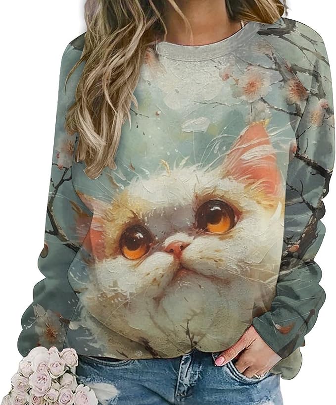 Sweatshirt for Women Cat Print Fashion Funny Plus Size Ladies Dressy Crewneck Casual Trendy Tee Shirts