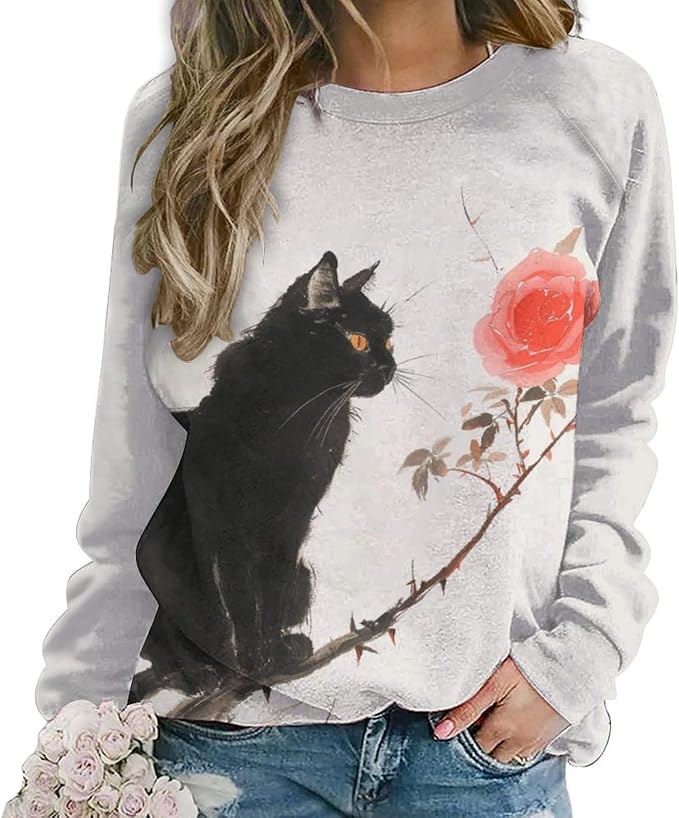 Sweatshirt for Women Cat Print Fashion Funny Plus Size Ladies Dressy Crewneck Casual Trendy Tee Shirts