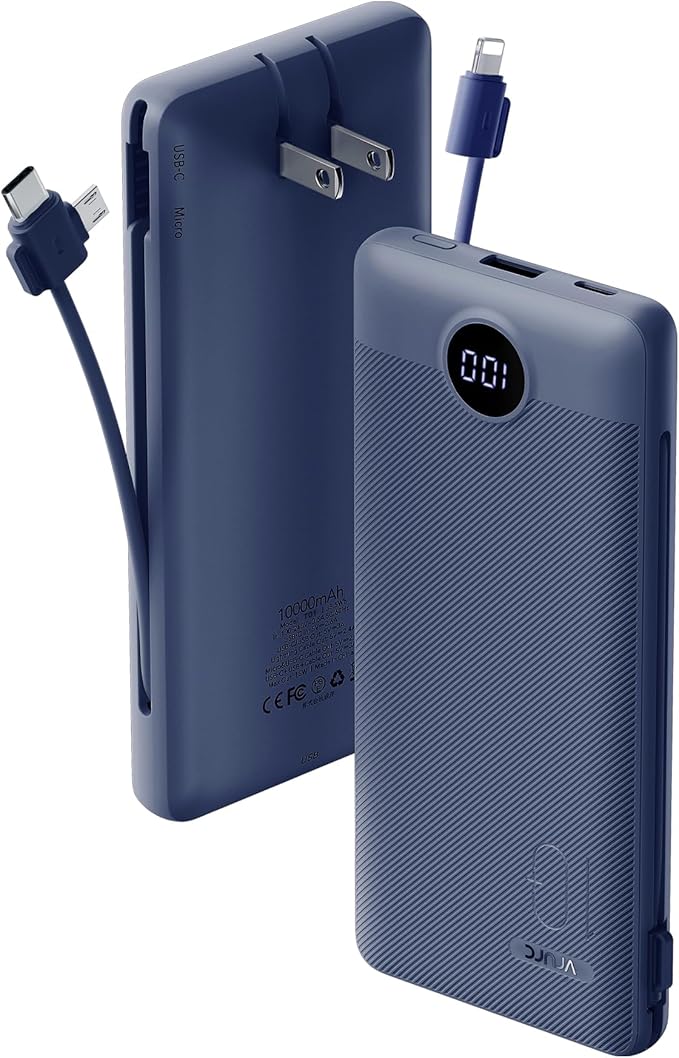 VRURC Portable Charger Built-in Cables and AC Wall Plug, USB C Power Bank 10000mAh, Travel Battery Portable Phone Charger Compact Lightweight External Battery Pack for Smart Phones, Tablets etc-Navy