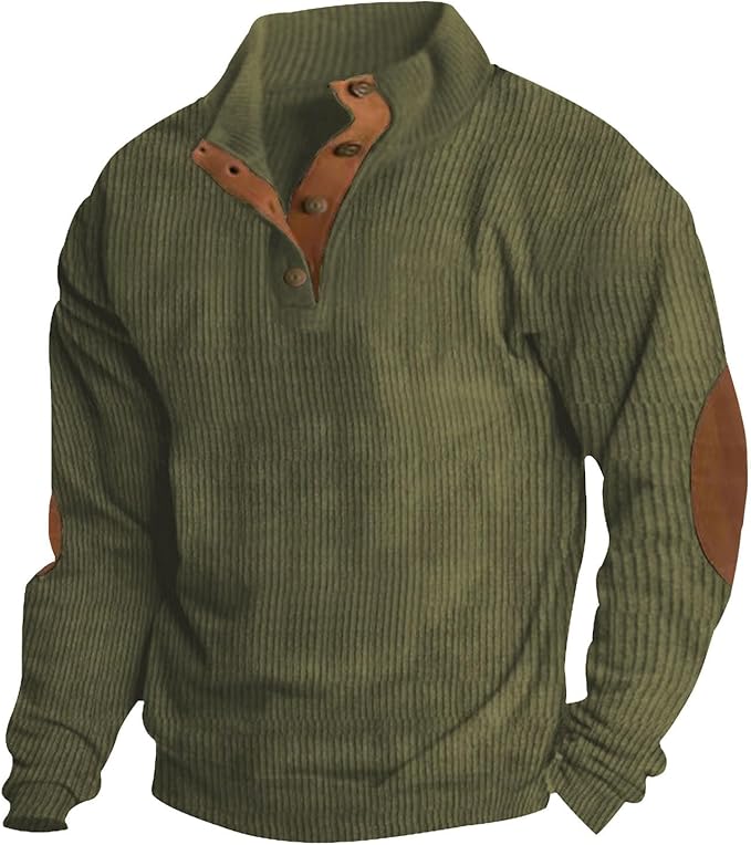 Men's Casual Corduroy Sweatshirt Long Sleeve Elbow Patches Pullover Fashion Stand Collar Quarter Button Sweatshirts