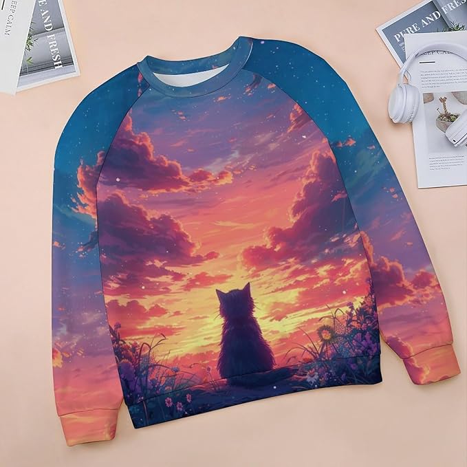 Long Sleeve Shirts for Women Cat Printed Fall Winter Dressy Holiday Casual Fashion Crewneck Tunic Tee Shirts