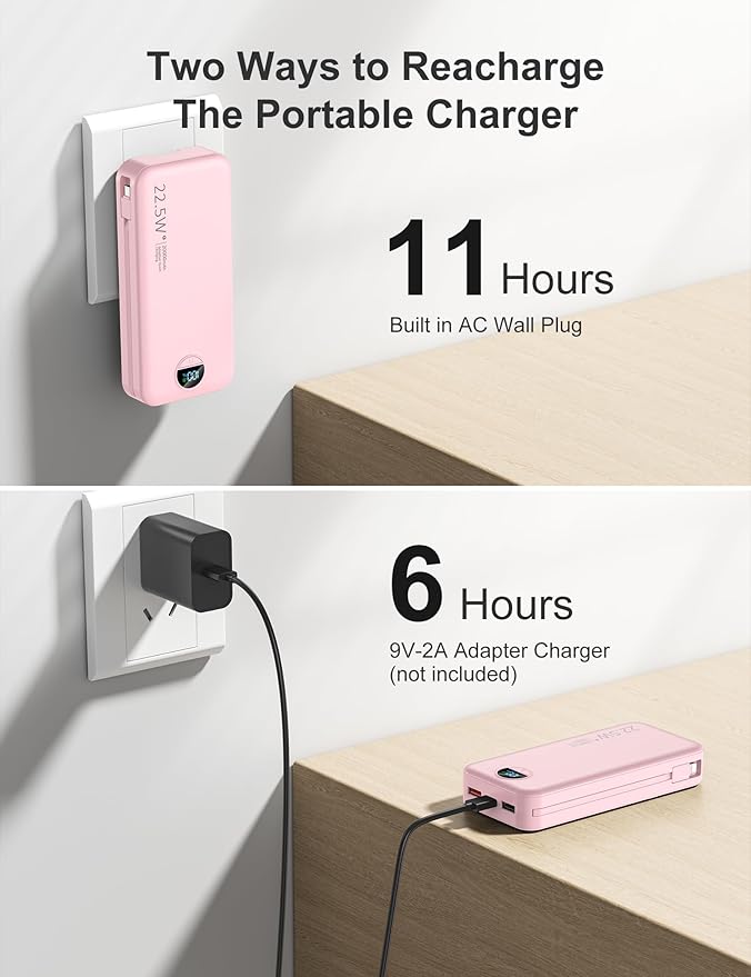 20000mAh Ultra-Portable-Charger-Power-Bank PD20W with Built in Cables&AC Wall Plug,Fast Charging Cell Phone Charger Battery Pack,LED Display Travel Battery Bank for All iPhone,Samsung,Android