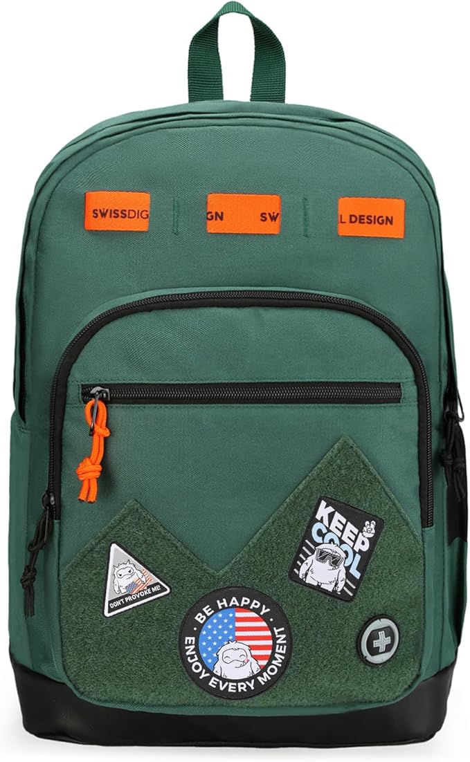 Swissdigital Design Big Student Laptop Backpack with Fun Personalized Patches For College Boy & Girl, Middle High School Teen Bookbag Cool Travel Daypack Green - Includes 3 Patches | SD1718-22
