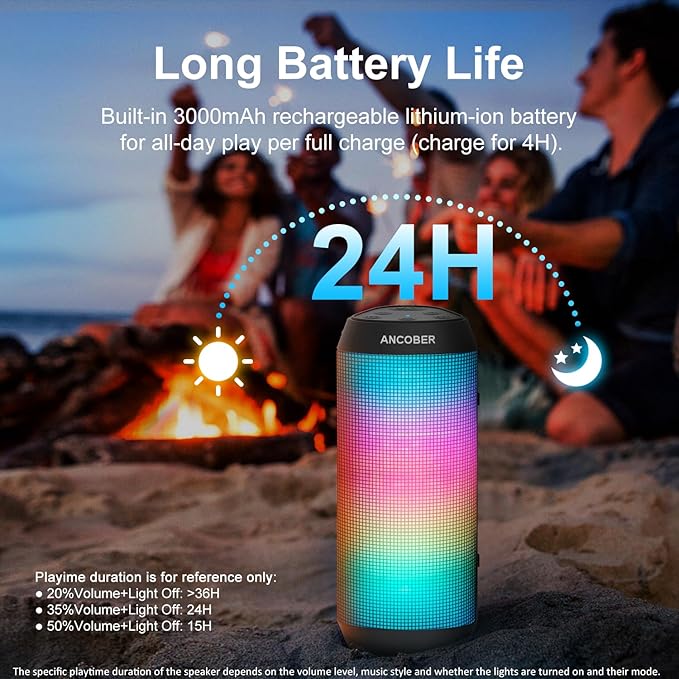 Bluetooth Speaker with Lights, Portable Wireless, Powerful Stereo Sound, IPX4 Waterproof, Up to 24H Playtime, TWS Surround Pair, BT5.3,for Home/Outdoor/Party/Camping, Electronic Gadgets, Birthday Gift