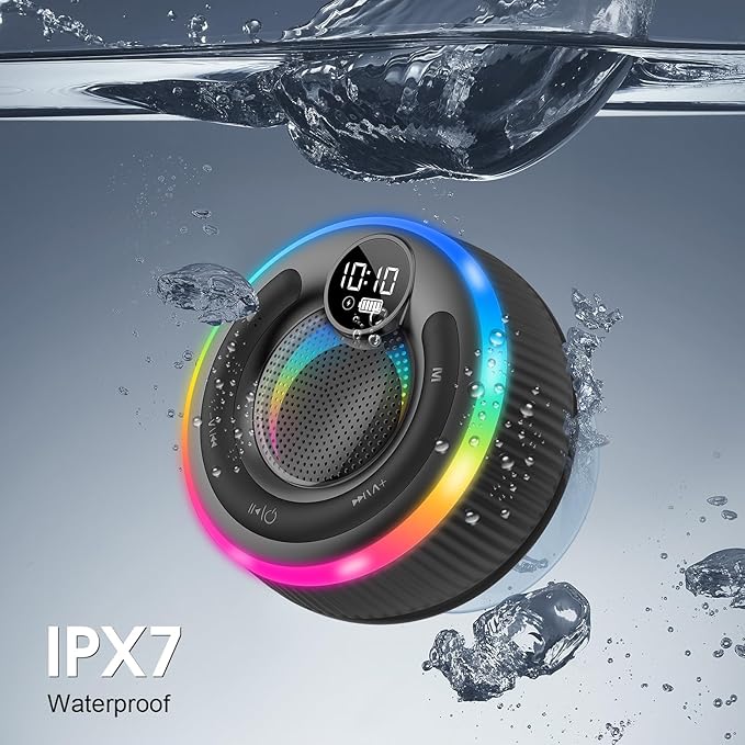 Bluetooth Speaker, HD Stereo Sound Shower Speaker, IPX7 Waterproof, Digital Display Portable Speaker with Suction Cup, LED Light, Small Wireless Speakers for Outdoor Party Beach Bathroom, Blue