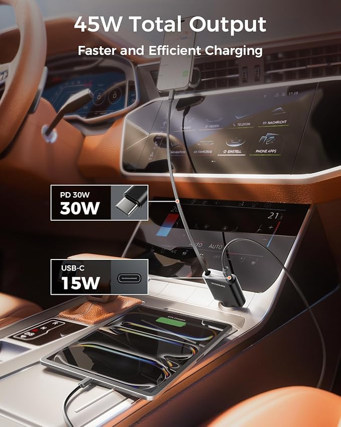 [Ultra Slim] SUPERONE iPhone 17/16/15 Retractable Car Charger USB C Fast Charging, Super Fast Type C Car Charger for iPhone 15/16/17,iPad,Samsung (USB C Cable)