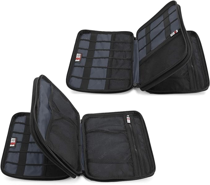 BUBM Double Layer Electronic Accessories Organizer, Travel Gadget Bag for Cables, USB Flash Drive, Plug and More, Perfect Size Fits for iPad Mini (Medium, Dark Blue)