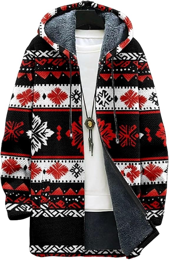 2025 Men's Ethnic Pattern Hooded Jacket Long Cardigan Hoodies Full Zip Vintage Knitted Zipper Coat with Pocket