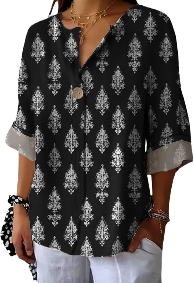 Fashion Shirts for Women Loose Fit Button Down V Neck Blouse 3/4 Sleeves Casual Tunic Tops Summer Outfits
