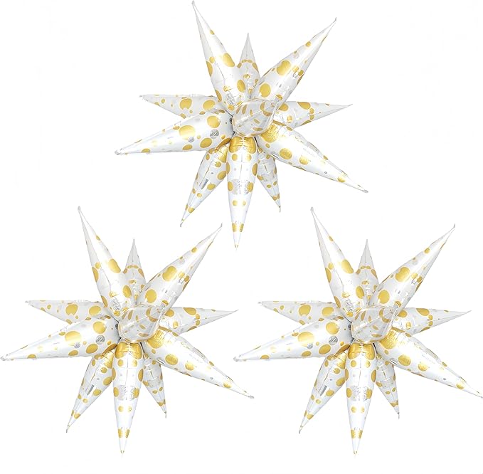 3Pcs Platinum Polka Dot Explosion Pointed Star Foil Balloons32-inch/Elegant White & Silver Metallic Decoration forChristmas, New Year, Birthday, Wedding, Celebration Party(3 PCS Platinum Polka Dots)