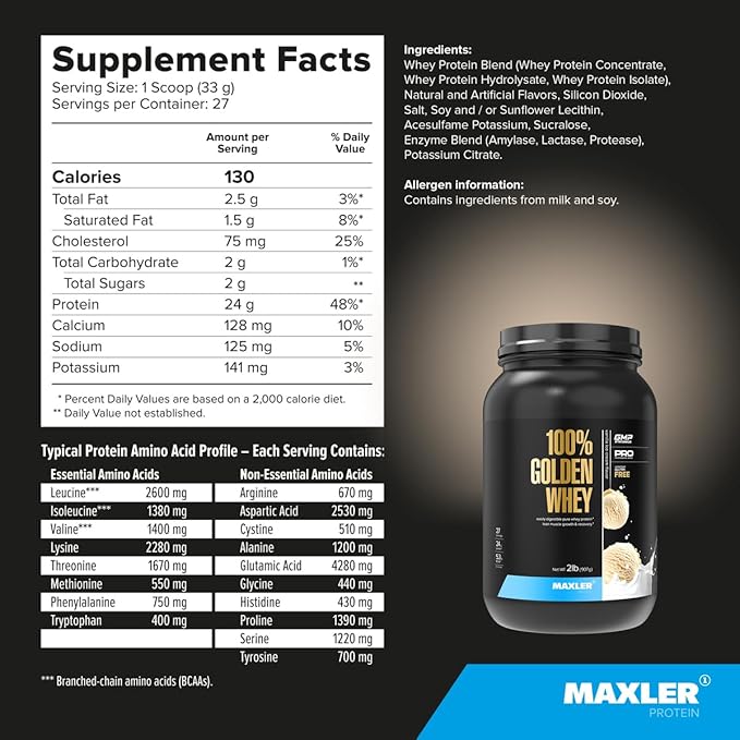 Maxler 100% Golden Whey Protein - 24g of Protein per Serving - Whey Protein Powder for Pre Post Workout - Fast-Absorbing Whey Concentrate, Isolate & Hydrolysate Blend - Vanilla Ice Cream 2 lb