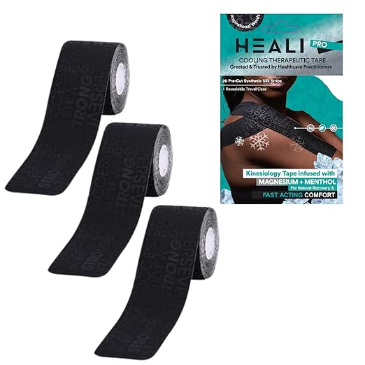 Heali Kinesiology Tape with Magnesium and Menthol, 3 Pack, Each w/ 20 Precut Strips, K Tape Roll, Knees, Physical Therapy Sports Tape for Knees, Joints & Muscles, Water Resistant, Black Inspo