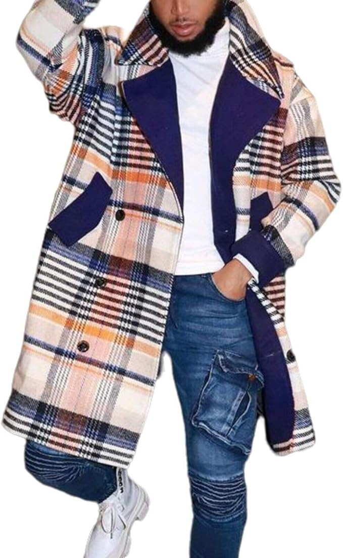 Men's Plaid Long Trench Coat Mid - Length Lapel Collar Button Down Warm Overcoat for Winter & Autumn Fashion