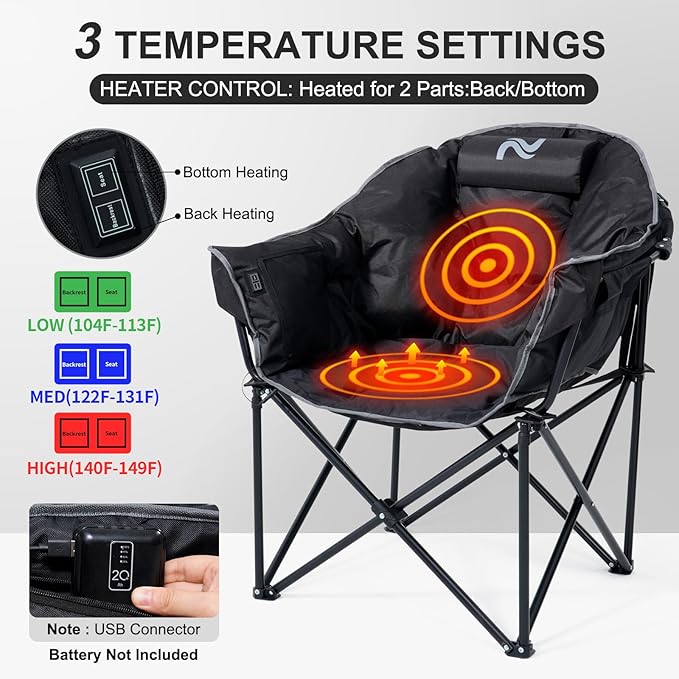 ABORON Heated Camping Chair Oversized, Three Model Portable Heated Folding Chair, Heavy Duty Heated Foldable Chairs Support Up to 500 lbs, Ideal for Outdoor Adventures