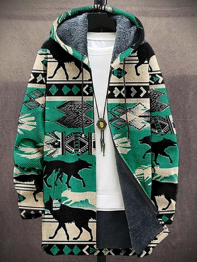 2025 Men's Ethnic Pattern Hooded Jacket Long Cardigan Hoodies Full Zip Vintage Knitted Zipper Coat with Pocket